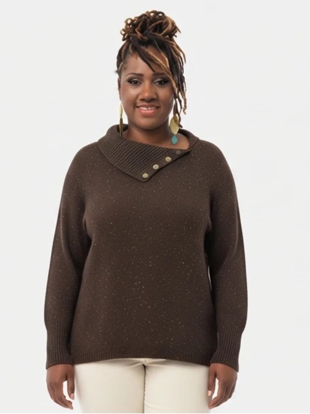 J. Jill Brown Speckled Button-Neck Turtleneck Sweater